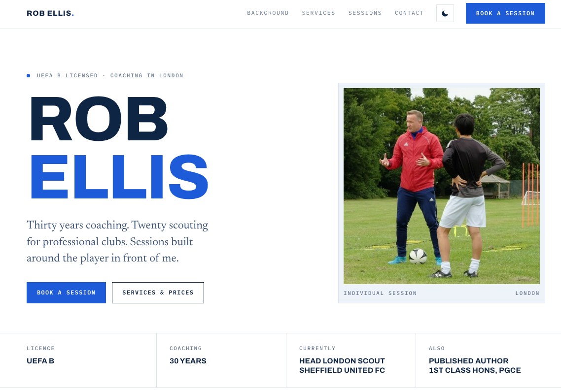 The home page of robellisfootballcoach.co.uk, showing Rob Ellis's name, a photo of him coaching, and a row of his credentials.